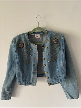 Vintage Mondi cropped Light Blue Denim Jacket with Gold Embroidery 38